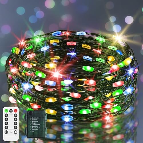 9.9 ft 60 LED Fairy Lights Battery Operated String Lights Green Copper Wire Christmas Lights with Remote Timer 8 Modes for Tree Greenery Bedroom Garland Wreath Garden Wedding Decoration Multicolor