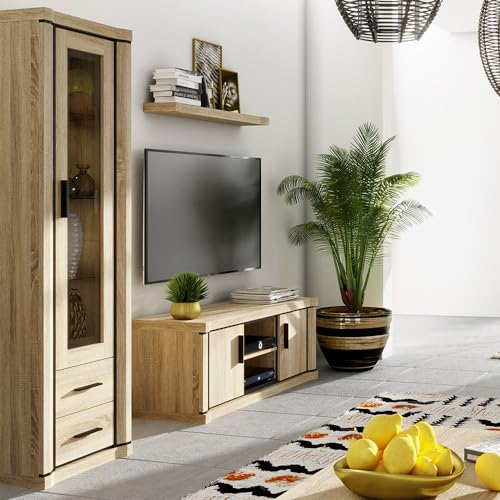 Lomadox Wohnwand Wohnmöbel Set braun 3-teilig Sonoma Eiche, Wandboard, Lowboard, Vitrine inkl. LED-Beleuchtung