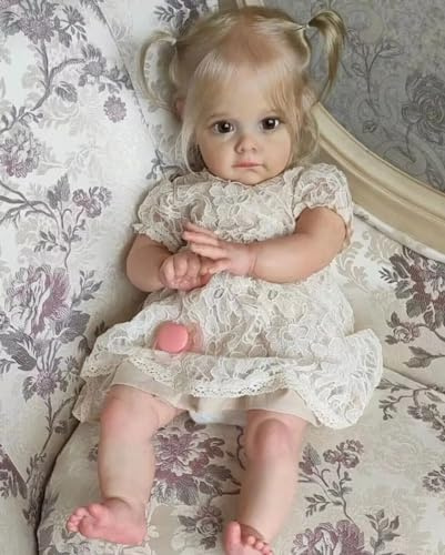 Enjoy with Love 60CM Handmade Hochwertiges Reborn Kleinkind Maggie Mädchen Detailliertes lebensechtes echtes Baby mit Hand-verwurzeltem Haar Neugeborenes Baby