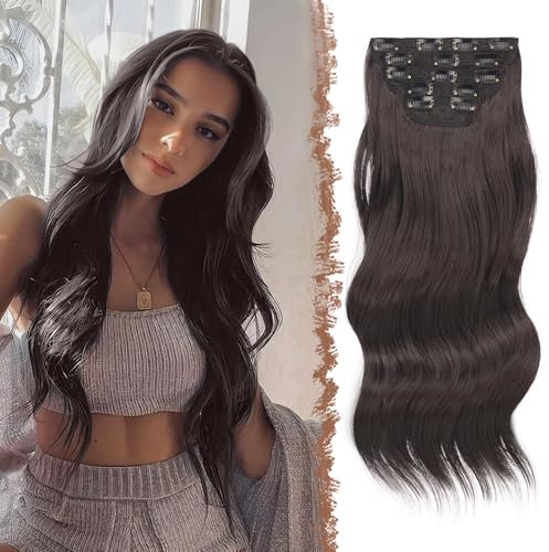 FESHFEN Clip in Extensions Wellig Haarverlängerung, 5 PCS Lang Gewellte Haarextension mit Clips Synthetik Haarteil Schwarz Braun Haare Extension für Damen, 50 cm
