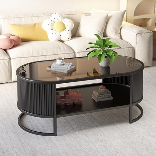 STCERY Moderner Couchtisch, Couchtisch Oval, Moderner Mitteltisch mit Ablagefach Beistelltisch, aus Starker Stahlgestell, einfacher Stil, für Wohnzimmer BüRo(Brown)