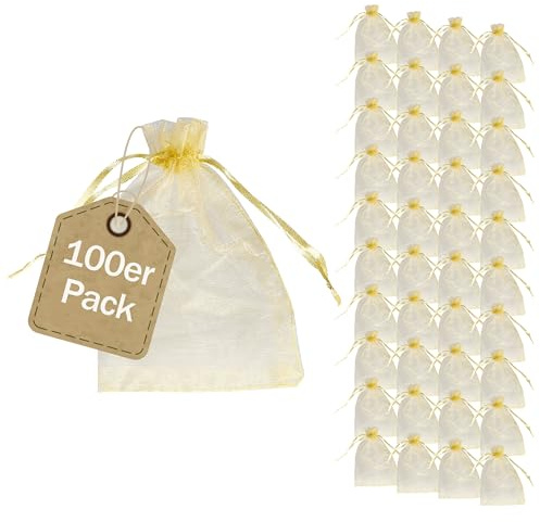 SPRINTIS Organzasäckchen 15 x 20 cm, 100 Stück, gold mit Satinbandverschluss, hochwertige Säckchen zum Befüllen für Hochzeit, Weihnachten, Schmuck und kleine Geschenke