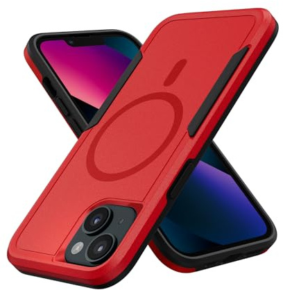 MobNano Magnetisch Hülle für iPhone 13/14 Hülle, Militärschutz Dual Layer Handyhülle für MagSafe, Outdoor Heavy Duty Bumper Stoßfest Schwerlast Schutzhülle iPhone 13/14 Case - Rot/Schwarz