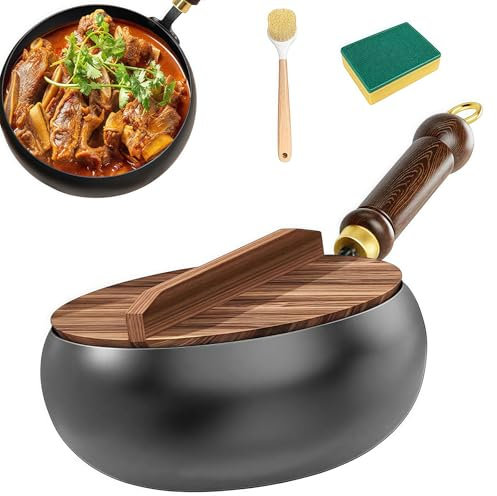 Japanese Iron Pan with Wooden Lid Forged,Uncoated Iron Pan 24cm/28cm Uncoated Non-Stick Iron Pan,Hand Forged Big Belly Pot for Natural Cooking,Gas Stove & Induction Stove (24 CM)
