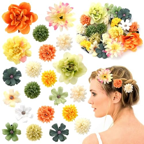 Silk Fabric Flower Hair Clips - 21PCS Realistic 3D Rose Hairpins for Women, Multiple Elegant Designs Boho Wedding Beach Party Hair Accessories (Yellow & Green)