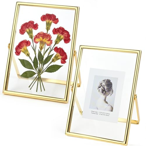 Gold Floating Photo Frame - 2Pack Double Sided Glass Picture Frames for 4x6 inches or Floating Smaller, Premium 6x4 Photo Frames with Real Glass & Metal Frame for Tabletop