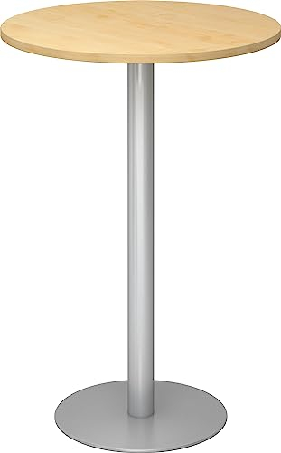 bümö Stehtisch Büro, Bistrotisch rund 80 x 80 cm - Bartisch Ahorn, Stehtisch Holz-Platte, Säule aus Metall in Silber, Buffettisch, Säulentisch, Partytisch, Thekentisch, Hochtisch, Barmöbel