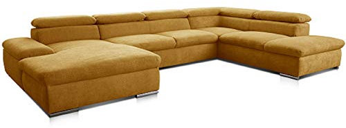 Cavadore Wohnlandschaft Alkatraz im modernen Design / U-Form mit Longchair links und Ottomane rechts / Inkl. Kopfteilverstellung / 350 x 73 x 226 / Gelb