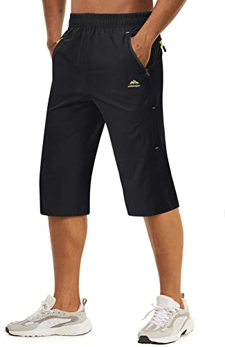TACVASEN Herren Kurze Cargohose 3/4 Schnelltrocknende Shorts Wanderhose mit Reißverschlusstasche, Schwarz, 34