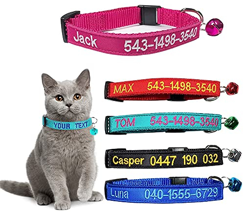 Brillianne Benutzerdefiniertes Breakaway Cat-Halsband, personalisiert mit Glocke, Sicherheitsverschluss, gesticktem ID-Namen am Kätzchenhalsband