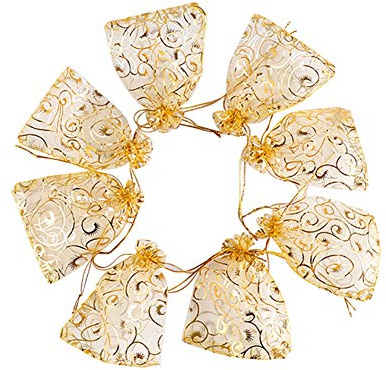 JIHUOO 100 Stück 9 x 12cm Golden Organzasäckchen Gastgeschenk Säckchen Organza Beutel Taschen Schmucksäckchen