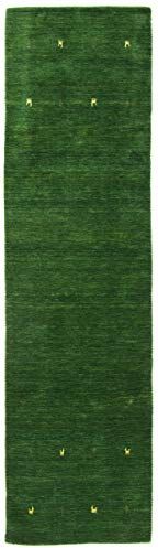 carpetfine Wollteppich Gabbeh Uni Läufer Grün 80x500 cm | Moderner Teppich für Wohn- und Schlafzimmer
