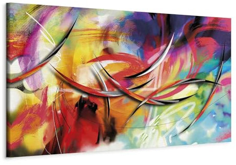 B&D XXL - Tableau décoratif abstrait 150x50 cm - Impression sur toile colorée - Décoration murale pour salon et chambre - Blanc orange rouge bleu - Abstraction colorée a-A-0001-b-b