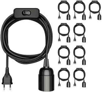 ledscom.de 10 Stück Textilkabel LEHA, Stecker, Schalter, schwarz, 3 m, Lampen-Fassung, 1x E27 max. 60W