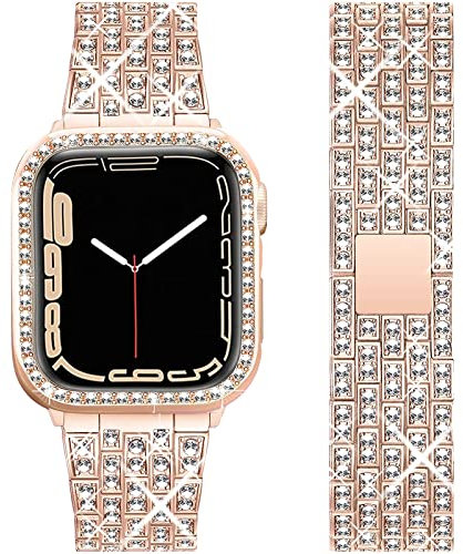 Miimall Cinturino compatibile con Apple Watch Series 7, 41 mm, 45 mm, con cristalli e strass, regolabile, in acciaio inox e metallo, per Apple Watch 41 mm, oro rosa