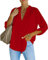 NONSAR Damen Bluse Elegant V-Ausschnitt Henley Hemdbluse Aufrollbaren Ärmeln Locker Blusen(9351S,Rot)