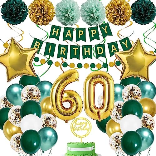 60 Geburtstag Deko Frauen Mann, 60. Geburtstag Dekoration Grün Gold 60 Geburtstagdeko Luftballons 60 Happy Birthday Banner 60. Geburtstag Konfetti Luftballons für 60 Geburtstagdeko Frauen Mann