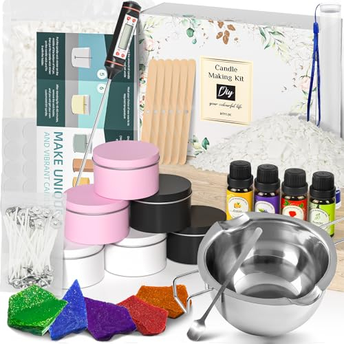 BOYUJK DIY Kerzen selber machen Set, Kerzenherstellung Kit, Kerzen gießen Zubehör Set - Kerzen Schmelztopf 500ml, 500G Sojawachs, 6 Kerzendosen,4 Duftöl,4 Farbblöcken,100 Candle Wicks
