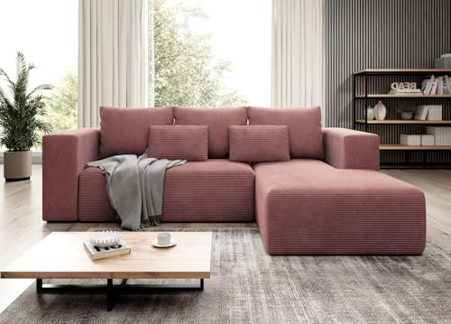 Easy4You Ecksofa Schmutziges Rosa Stripes L-Form in Kord – 255 cm - Schlafsofa mit Bettzeugbehälter und Schlaffunktion - Eckcouch mit Stauraum - Rechts – Stoff Kord POSO 27