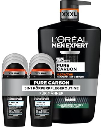 L'Oréal Men Expert 5in1 Körperpflegeset für Männer, Mit XXXL Duschgel und 6x Deoroller, Set für Herren mit Karbon, Pure Carbon, 7-teilig