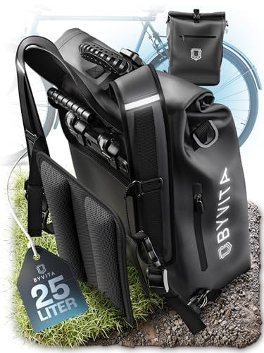BYVITA 3in1 Fahrradtasche für Gepäckträger [25L] [PVC frei] - Rucksack, Gepäckträgertasche & Umhängetasche in einem I 100% Wasserdicht, Reflektierend I Schwarz inkl. Laptoptasche