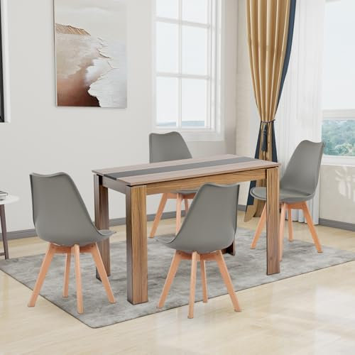 FURNITABLE Esstisch mit 4 Stühlen Esszimmergruppe, 4er Set Esszimmerstühle und 110CM Rechteckig Holztisch Essgruppe für Wohnzimmer Küche Büro (Walnuss-Schwarz Tisch+4 Grau Stühle)
