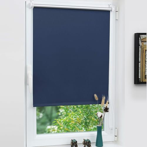 Grandekor Tenda a Rullo Oscurante Senza Forare Blu scuro 100l x 150A cm(Tessuto 96cm) Blackout Protezione Solare per Finestre e Porte Interne Montaggio Flexibile (Con/Senza Fori) avvolgibile
