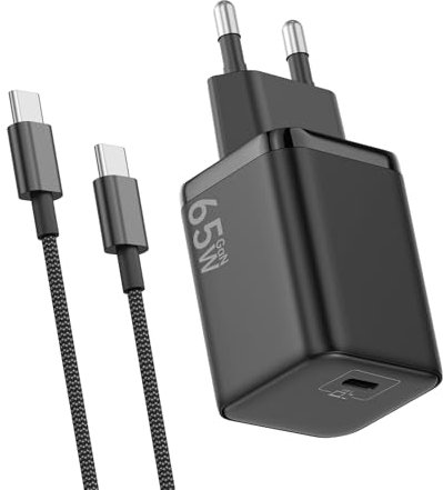 Cargador USB C 65W, Carga Rápida PD3.0 PPS Adaptador Portátil GAN II con Cable USB C Trenzado 2M, Compatible para Samsung Galaxy S25/S24/S23 Ultra, para iPhone 16/15, MaxBook Pro/Air (Negro)