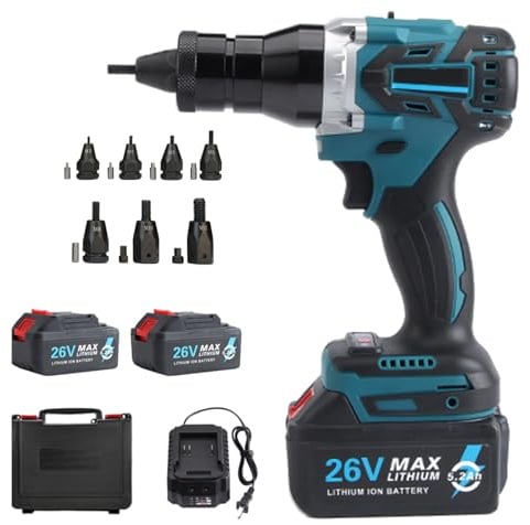 Rivettatrice a batteria professionale con 2 Batteria 26V 5200mAh | Pistola per Rivetti Senza Spazzole per Dadi M3/M4/M5/M6/M8/M10/M12 e Inserti Filettati, Kit Completo con Custodia