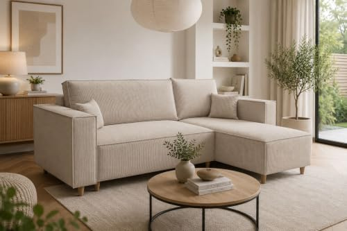 MARPUR Ecksofa mit Schlaffunktion & Bettkasten – Cord Creme – 249x142 cm – Eckcouch L-Form – Schlafsofa Wohnlandschaft – Ottomane Universal – Couch