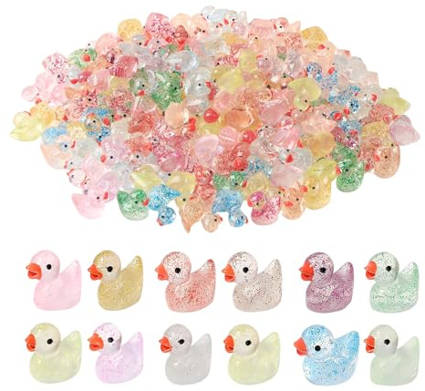 QINGYIWL 204 Stück Mini Enten Harz, 12 Farben Kleine Enten Miniatur | Glitzer Enten für die Dekoration von Miniaturlandschaften, Bonsai und Aquarien