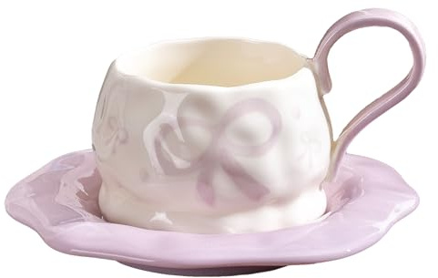 OHAANYY Tasse à café en céramique avec soucoupe motif nœud violet | Tasse à Thé en Porcelaine 300ml avec Nœud Papillon - Tasse Mignonne Latte & Cappuccino, Cadeau Femme & Maman