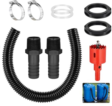 1 Zoll Regentonnen Verbinder Set,Regentonnendurchführung Regentonnen Verbindungsset 100cm Verbindungsschlauch,Geeignet zur Befestigung aller gängigen Regenwassertonn，mit Schlauchstutzen