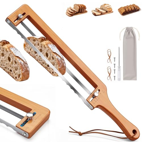 Shulltji Brotschneider für selbstgebackenes Brot, Verstellbares Brotsäge Brotmesser Aus Holz Edelstahl Bäckermesser für knuspriges Sauerteigbrot und Baguette