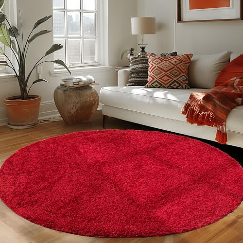 Runder Teppich Wohnzimmer Hochflor Einfarbiges Design Langflor Shaggy Modern Flauschig, Farbe: Rot, Größe: 200 cm Rund