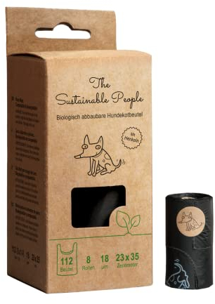 The Sustainable People 112 Sacs à déjections canines biodégradables avec poignées - certifiés OK compost HOME - 100 % biodégradables - grands & extra épais (18 µm), sûrs & résistants à l’humidité