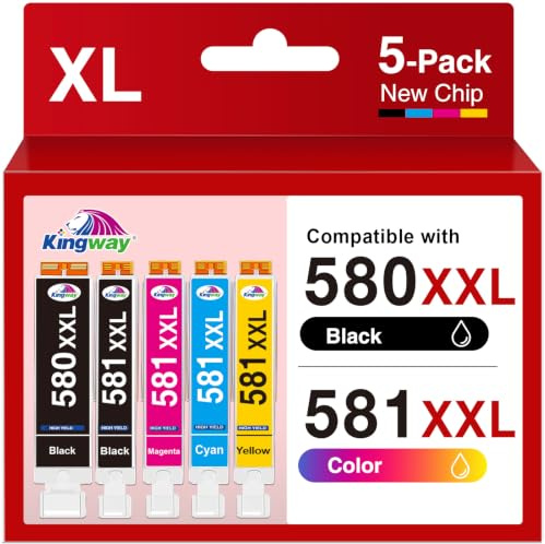 KINGWAY 580XXL 581XXL Ink Cartridges 5-Pack, Replacement for Canon 580 & 581 Ink Cartridges, Compatible with Pixma TS705 TR8550 TR7550 TS8350 TS8351 TS6350 TS6250 TS6251 TS6150 TS6151 TS8352 TS9550