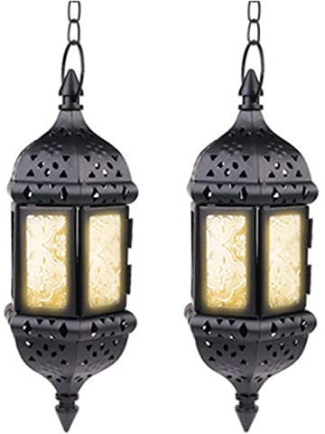2 Pcs Hanging Candle Lantern Moroccan Chandelier Retro Candle Holder Moroccan Vintage Metal Hollow Wedding Hanging Candle Holders Lantern Contain 13.8 inches Chain, Black