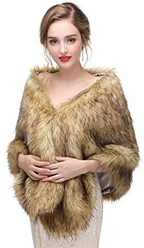 Anglacesmade Braut-Stola aus Kunstfell, Stola mit Brosche, Abendparty, warmer Umhang, hellbraun, Einheitsgröße