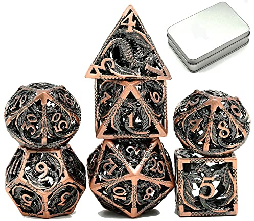 World of Dice Nidhöggr - Edel Würfel für alle Pen & Paper RPG, Metallwürfel mit Drachen, 7-teiliges Würfelset, inkl. Etui (mit Aluminium-Etui, Bronze)