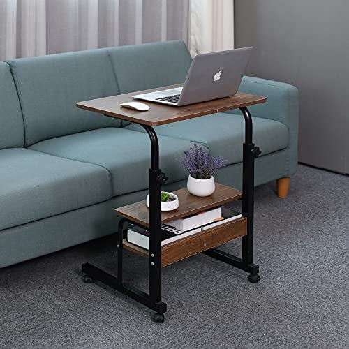 Emall Life Tray Table, Adjustable Sofa/Bed Side Table Portable Desk with Wheels Overbed Table Laptop Cart with Open Shelf (Oak, 60 x 40 cm)