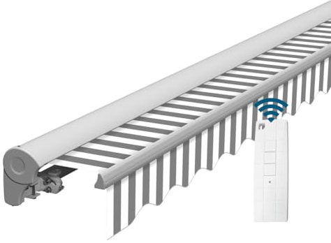 Eclipse Kassettenmarkise Halbkassette Gelenkarm Sonnenschutz Markise Sonnenmarkise Balkonmarkise elektrisch Standard 3,95x3 m Stoff 280g/m² Polyester (PE) UV-Schutz 50+, Markisentuchfarbe: Grau-Weiß