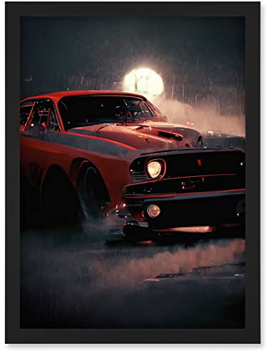 Doppelganger33 LTD Classic Red Sports Muscle Car On A Rainy Atmospheric Night Artwork Framed Wall Art Print A4