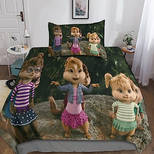Alvin and The Chipmunks Bettwäsche Set Für Mädchen Jungen Kinder 3D Gedruckte Alvin and The Chipmunks Bettbezüge Mikrofaser Bettbezug Set Lustige Betten Set Dekor Single(135x200cm)