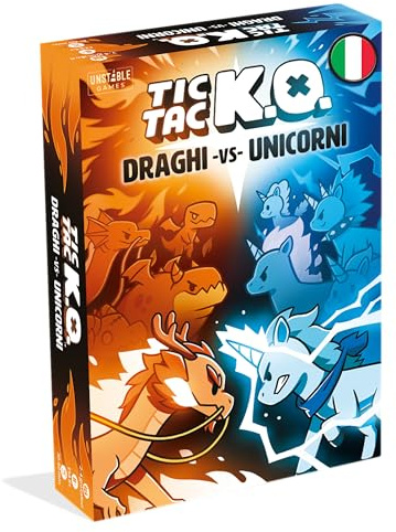 Asmodee - TIC TAC KO Drachen gegen Einhörner, Brettspiel, 2-4 Spieler, 8+ Jahre, italienische Ausgabe