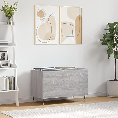 Prissent Meuble à disques Gris Sonoma 74,5 x 38 x 48 cm - Étagère CD, Bibliothèque étroite en bois multicouche pour vinyles, TV et salon