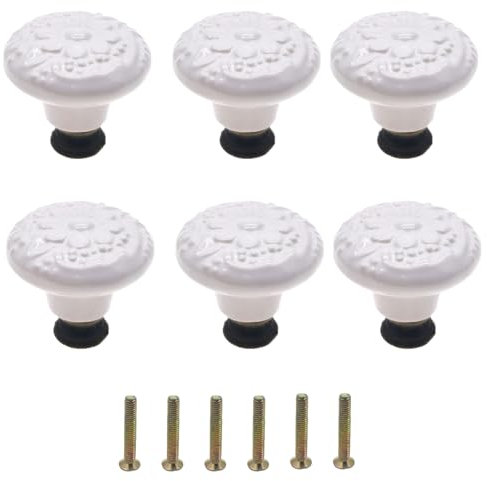 Mimhooy 6pcs Vintage Cabinet Pulls, Retro Dresser Knobs, Decorative Flower Knobs for Cupboards & Drawers - White, Furniture Pull Handles