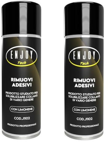 ENJOY TECH - Spray Rimuovi Etichette 2x500ml | Rimuove Adesivi, Colla e Residui da Vetro, Plastica, Metallo e Legno | Sicuro su Superfici, Non Lascia Aloni | Formula Professionale Made in Italy