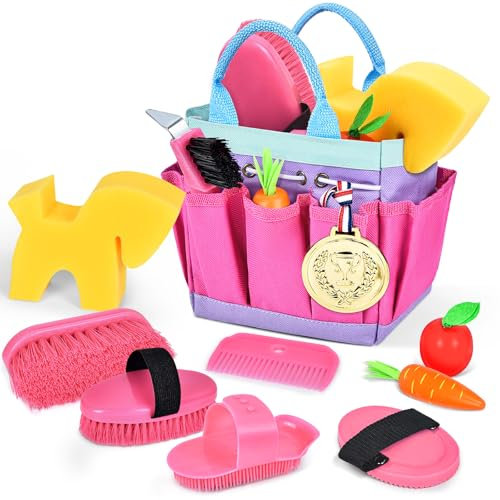 Joellfuner Pflegeset für Pferde mit Tasche, Spielzeug Putzzeug Pferde für Kinder, Zubehör für Pferde Spielzeug Rosa mit Kardätsche, Massagebürste, Mähnenkamm, Hufkratzer, Pferdchenschwamm