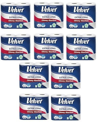 Extra Long Velvet Rolls Kitchen Towels, 2 Ply, 100 Sheets per Pack, Amazing Value (10 x 2pack)